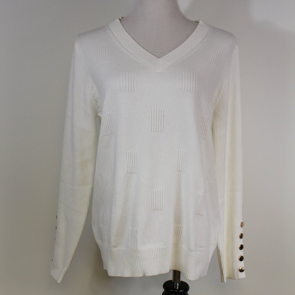 White V-Neck Knit Sweater with Gold Button Sleeve Detail – Women’s Size Large